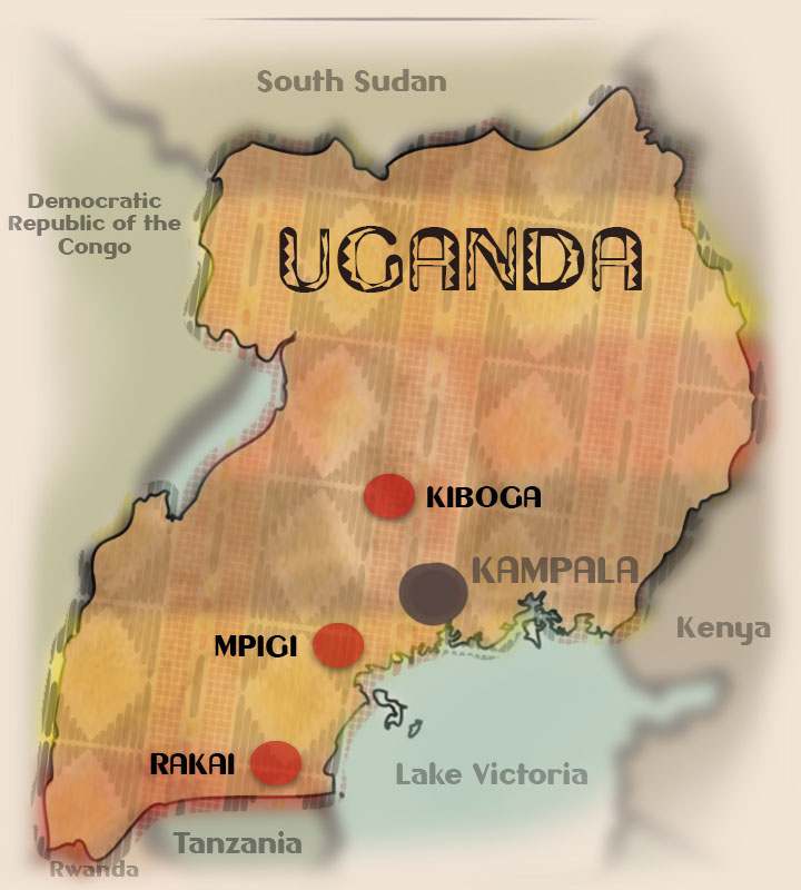 Map of Uganda with four villages noted